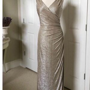 Lauren Ralph Lauren Dress Womens 14 Shimmer Gold Tan New Years Maxi Party slit